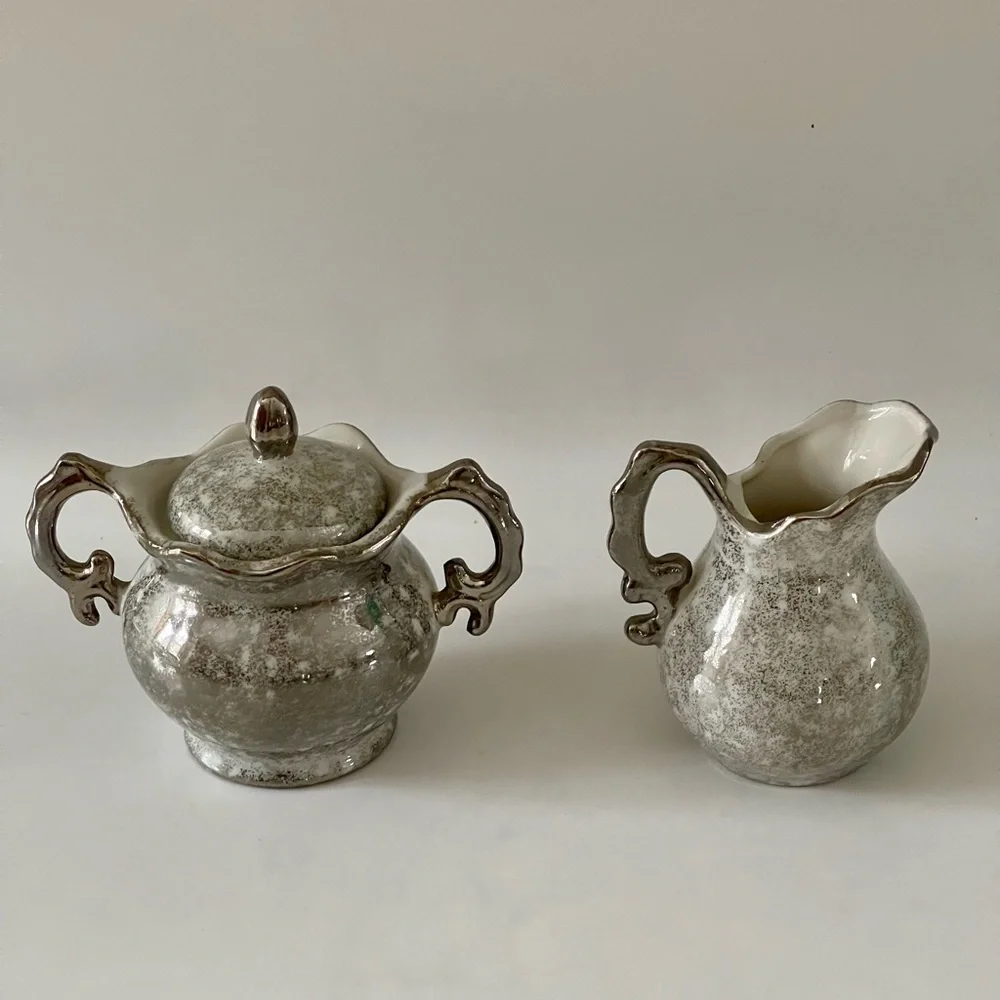 Vintage Enesco Japan 25th Wedding Anniversary Sugar Bowl & Creamer Set, 1950’s